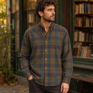 Saddlebrook Mens Plaid Button Down Shirt Olive Green Navy Blue Long Sleeve L